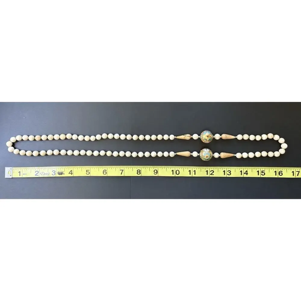 Vintage Cloisonné Floral Marbled Stone Wood Beige Knotted Necklace 34